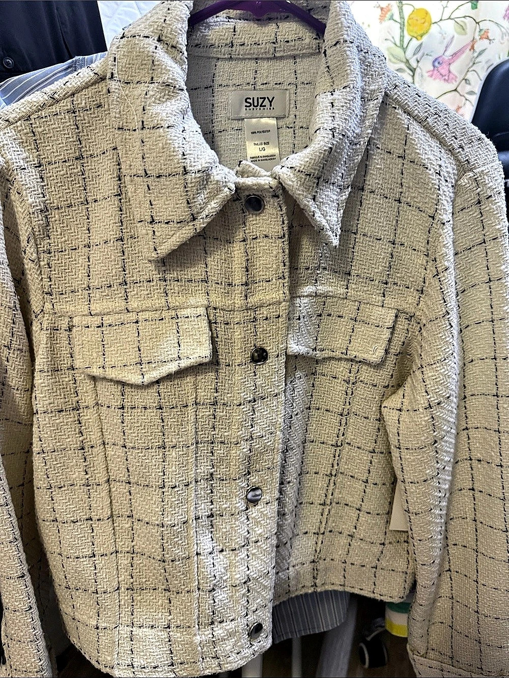 SUZY Plaid Tweed Jacket in Cream & Black Size Large NWT